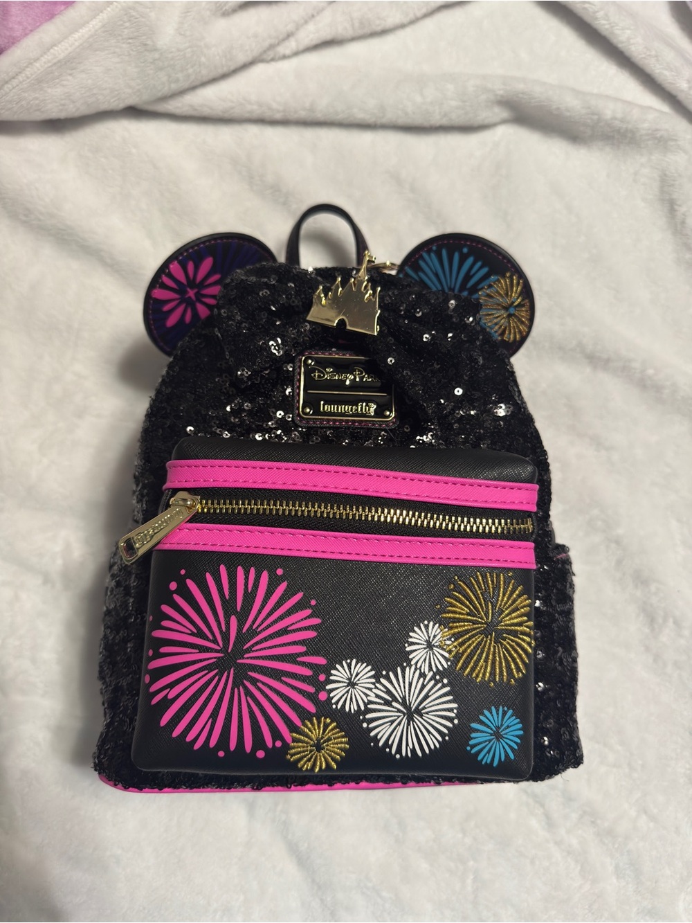 Loungefly x Disney Minnie Sequin December Mini Backpack - Black with Pink Firewo